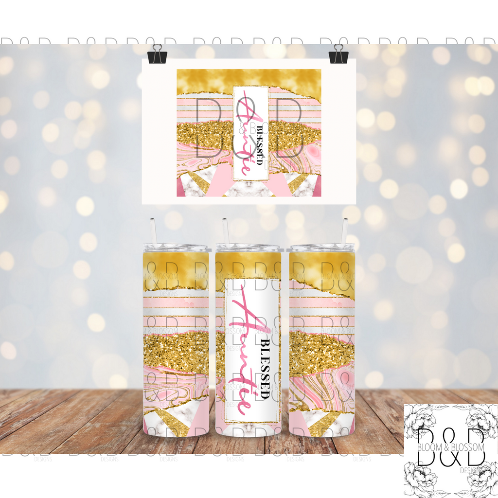 Blessed Auntie Pink Gold 20oz 25oz Full Wrap Sublimation Print