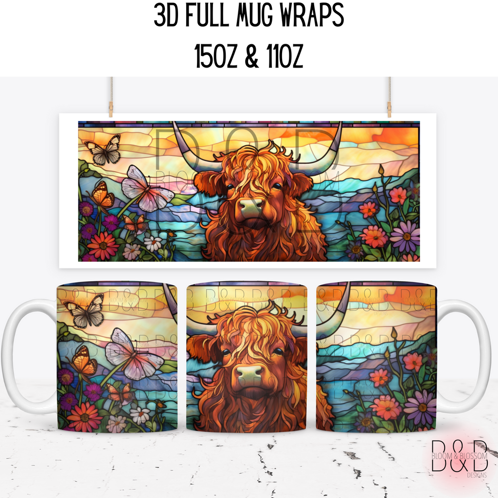 Stained Glass Highland Cow 15oz & 11oz Full Wrap Sublimation Print