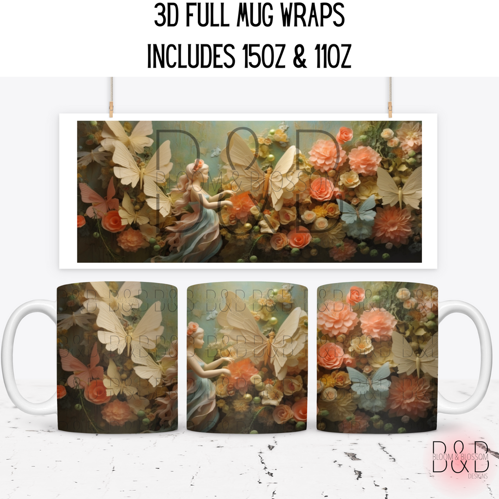 3D Carved Floral Fairy Garden 15oz & 11oz Mug Wrap DIGITAL