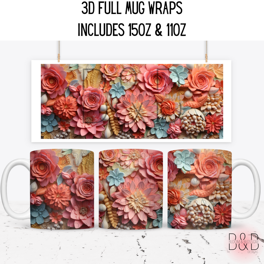 3D Carved Pastel Flower 15oz & 11oz Mug Wrap DIGITAL
