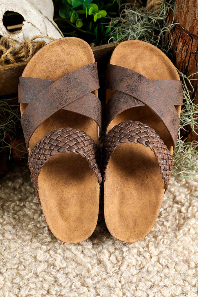 Brown Braided Criss Cross Platform Slippers