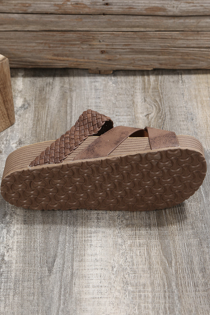 Brown Braided Criss Cross Platform Slippers