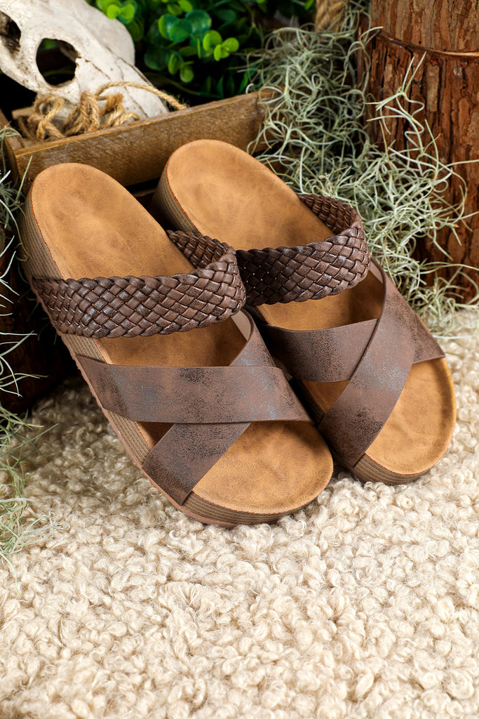 Brown Braided Criss Cross Platform Slippers