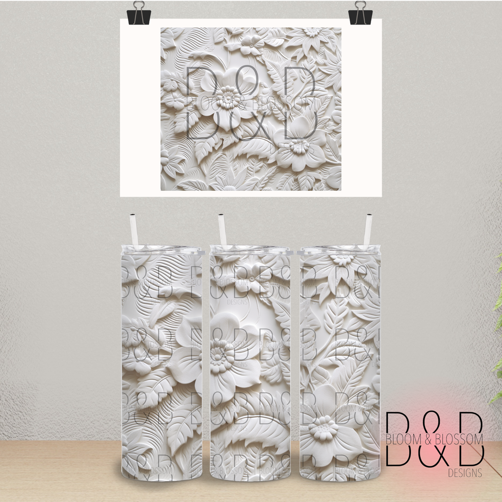 3D Carved White Floral 20oz 25oz Full Wrap Sublimation Print