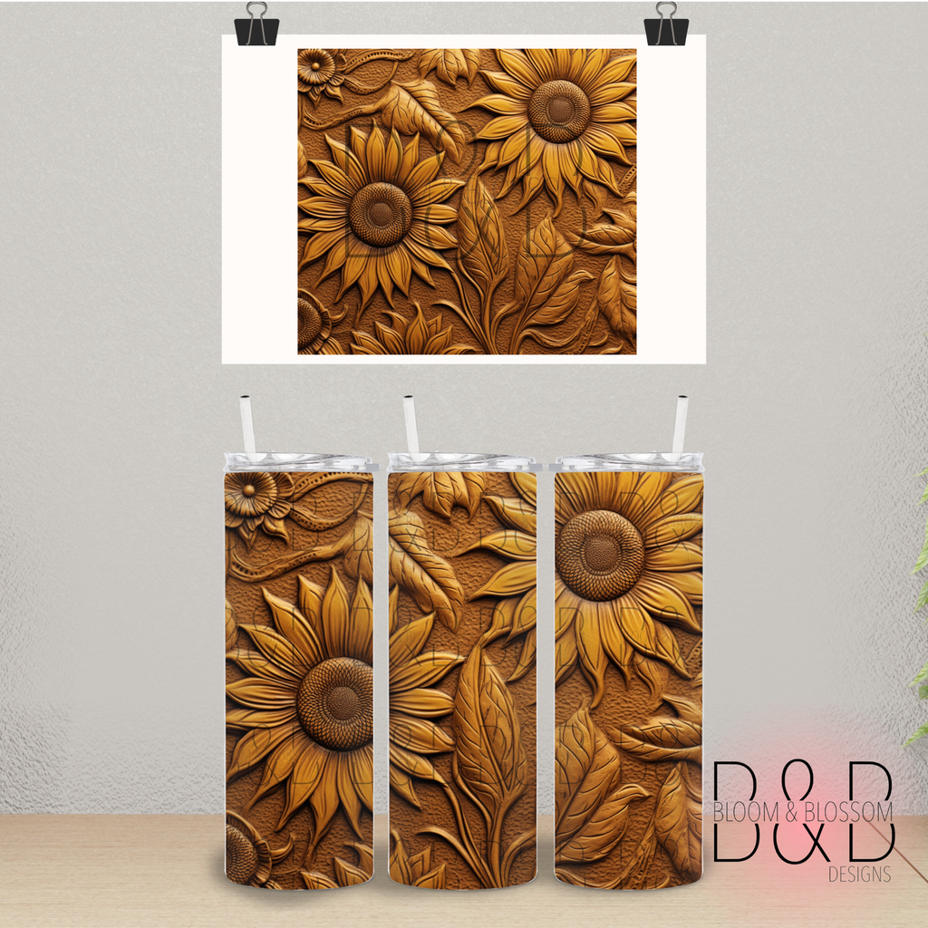 3D Carved Wood Sunflowers 20oz 25oz Full Wrap Sublimation Print