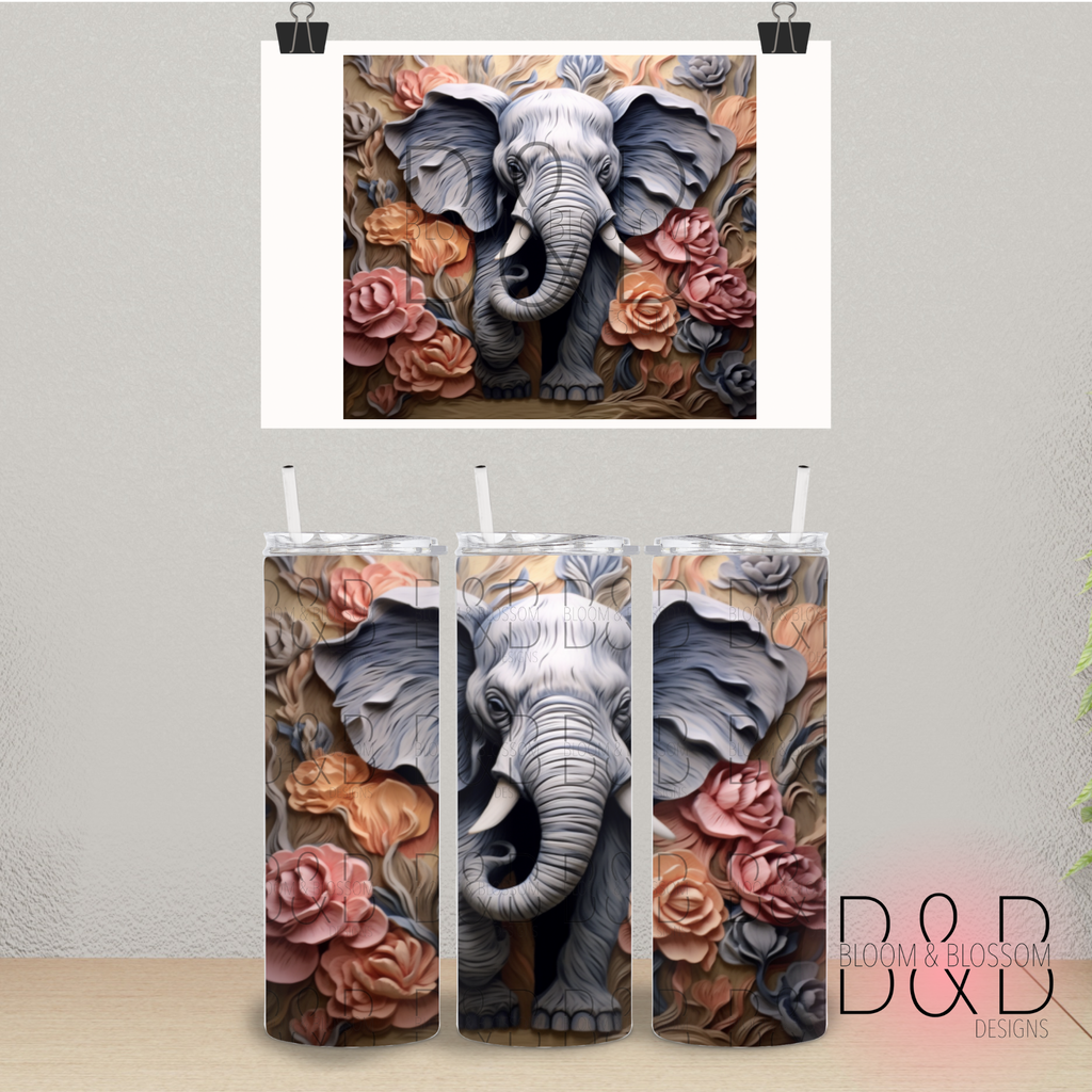 3D Carved Elephant Floral 20oz 25oz Full Wrap Sublimation Print