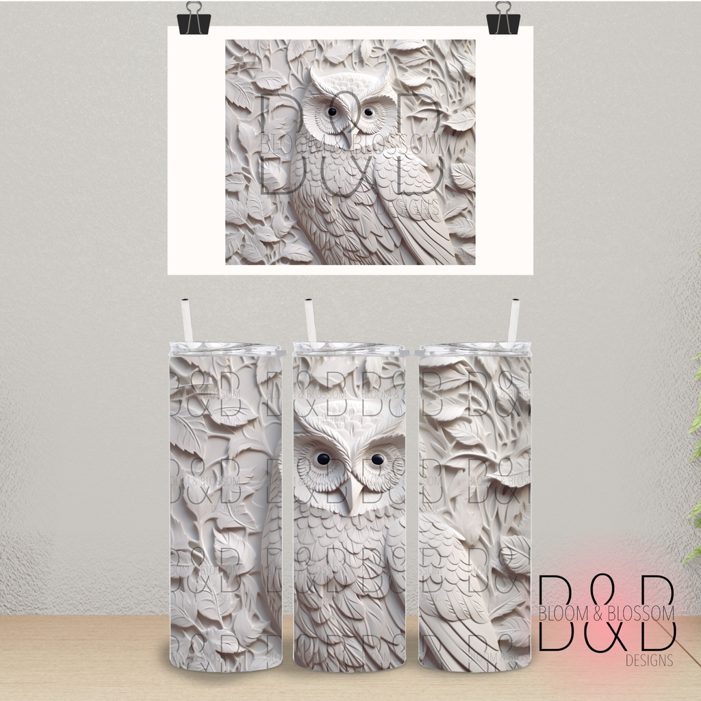 3D White Owl 20oz 25oz Full Wrap Sublimation Print