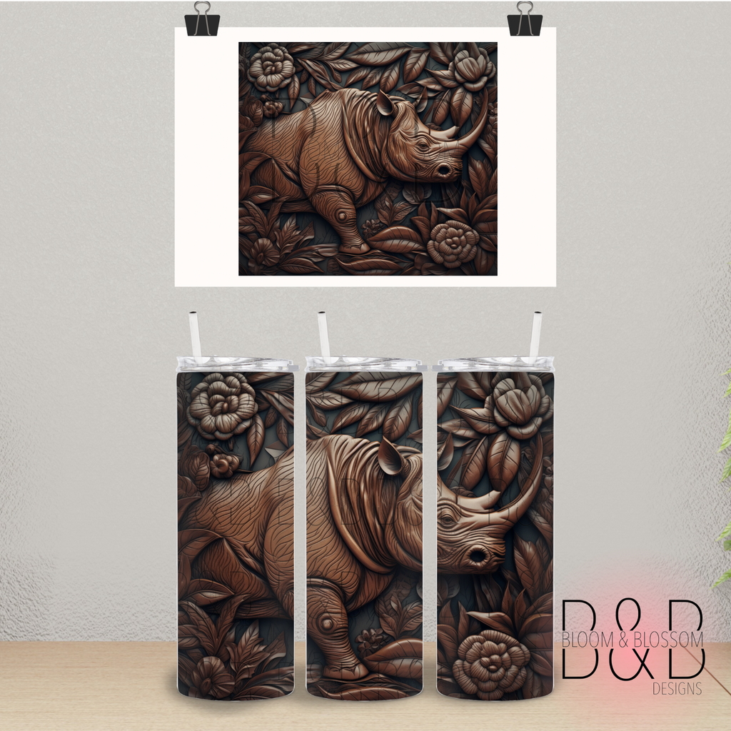 3D Dark Tooled Wood Rhino 20oz 25oz Full Wrap Sublimation Print
