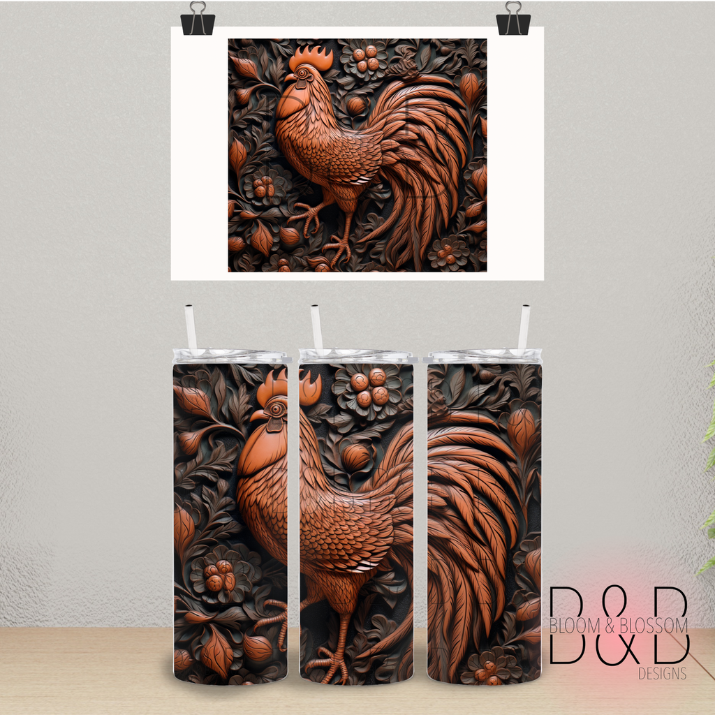 3D Dark Tooled Wood Rooster 20oz 25oz Full Wrap Sublimation Print