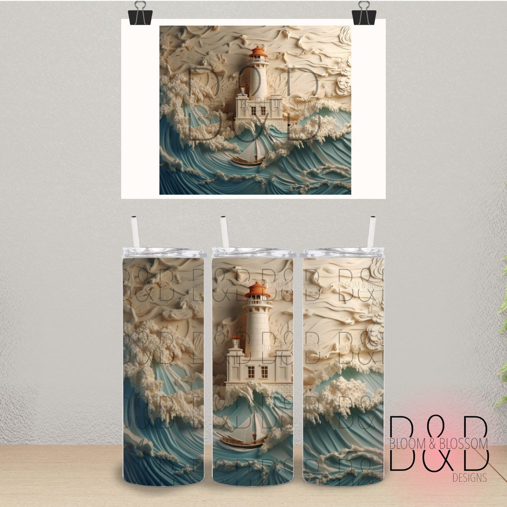 3D Carved Light House Crashing Waves 20oz 25oz Full Wrap Sublimation Print