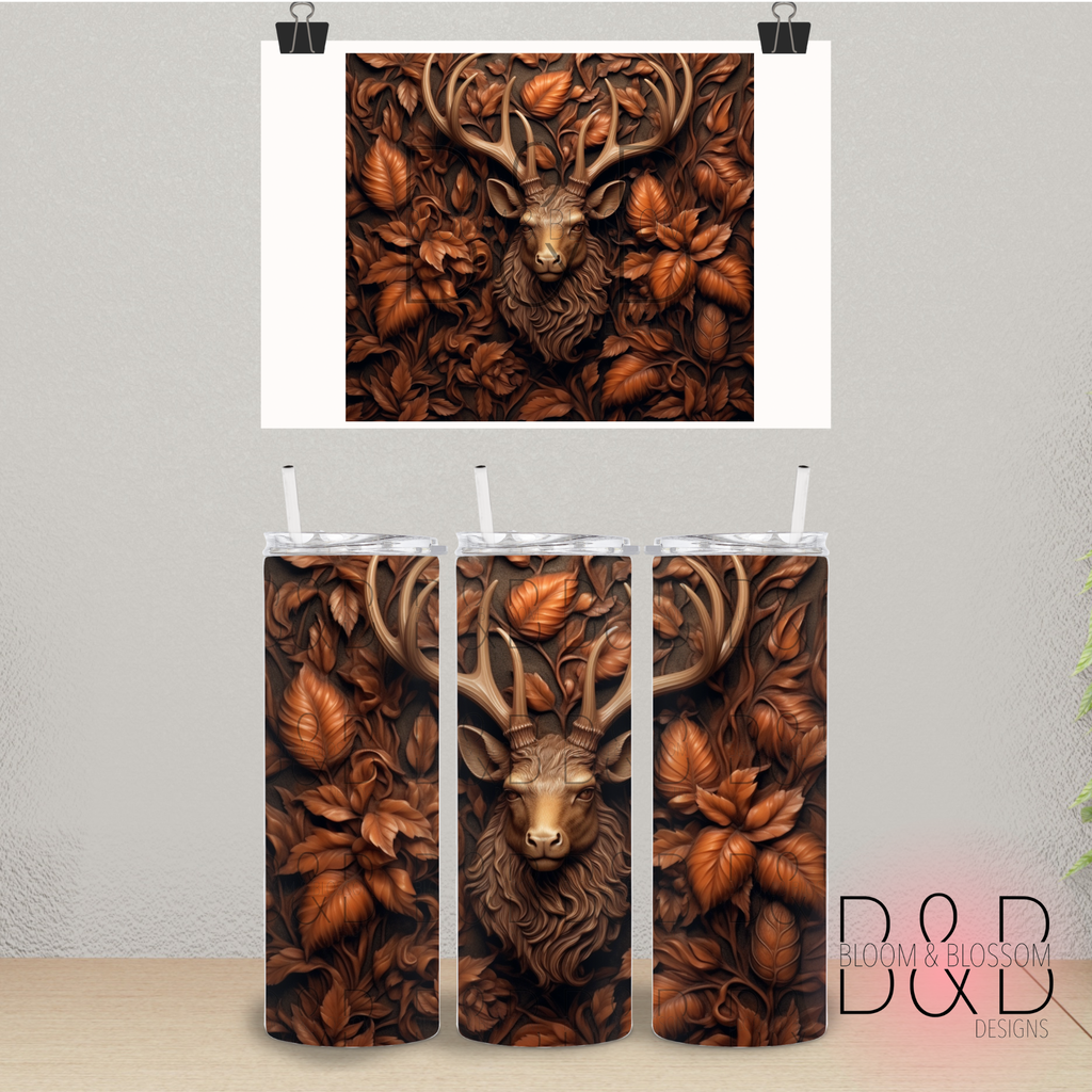3D Dark Wooden Deer 20oz 25oz Full Wrap Sublimation Print