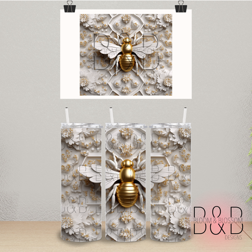 3D Carved Gold Ivory Floral Bumble Bee 20oz 25oz Full Wrap Sublimation Print