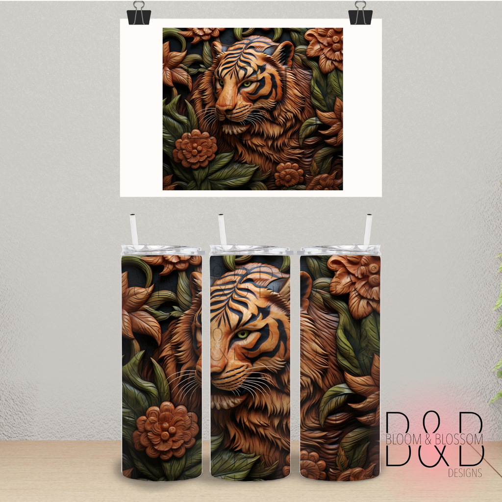 3D Wood Carved Bali Tiger 20oz 25oz Full Wrap Sublimation Print