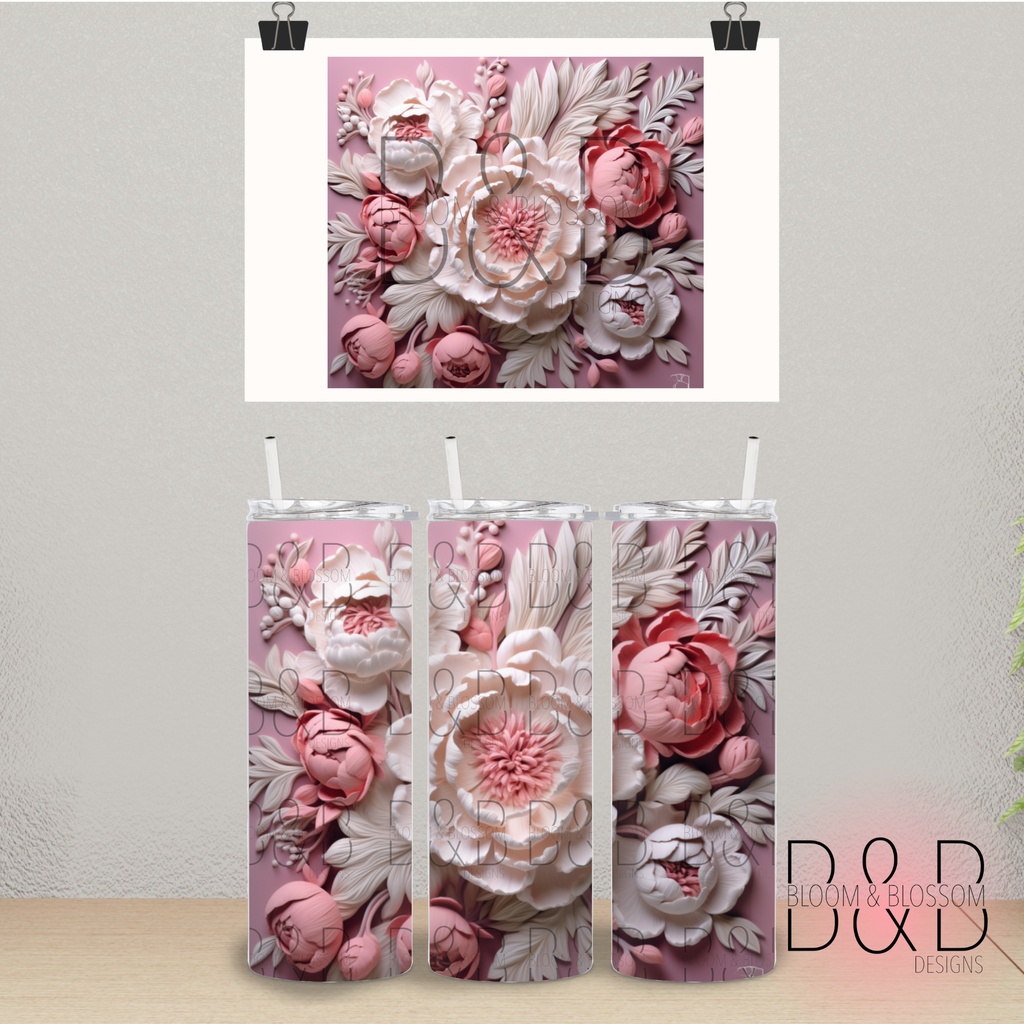 3D Pink Paper Peonies 20oz 25oz Full Wrap Sublimation Print