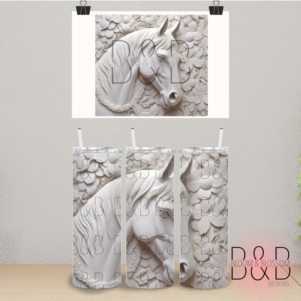 3D Carved Floral Reigns Horse 20oz 25oz Full Wrap Sublimation Print
