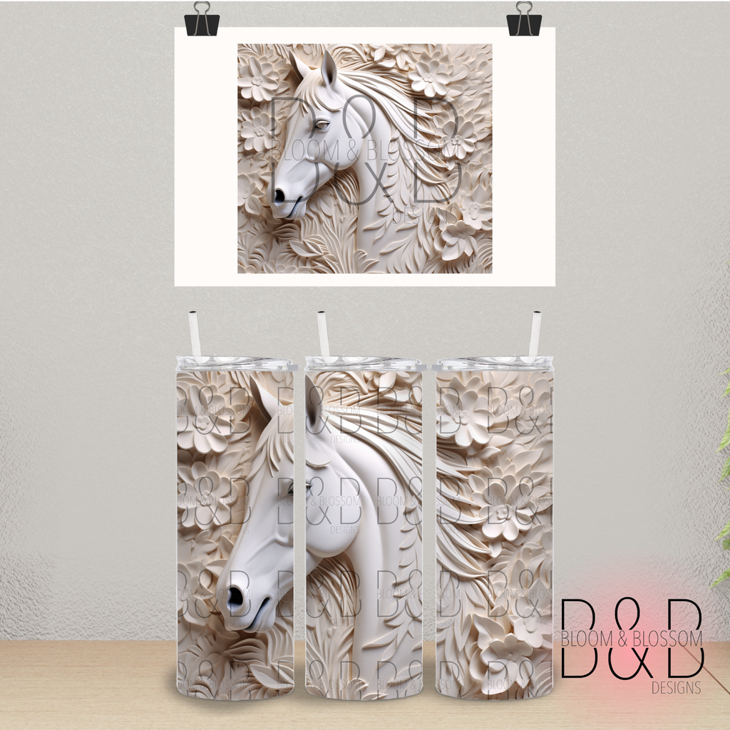 3D Carved Floral Flowy Horse 20oz 25oz Full Wrap Sublimation Print