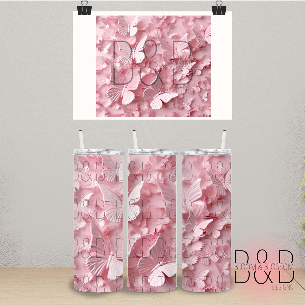 3D Pink Glitter Butterflies 20oz 25oz Full Wrap Sublimation Print