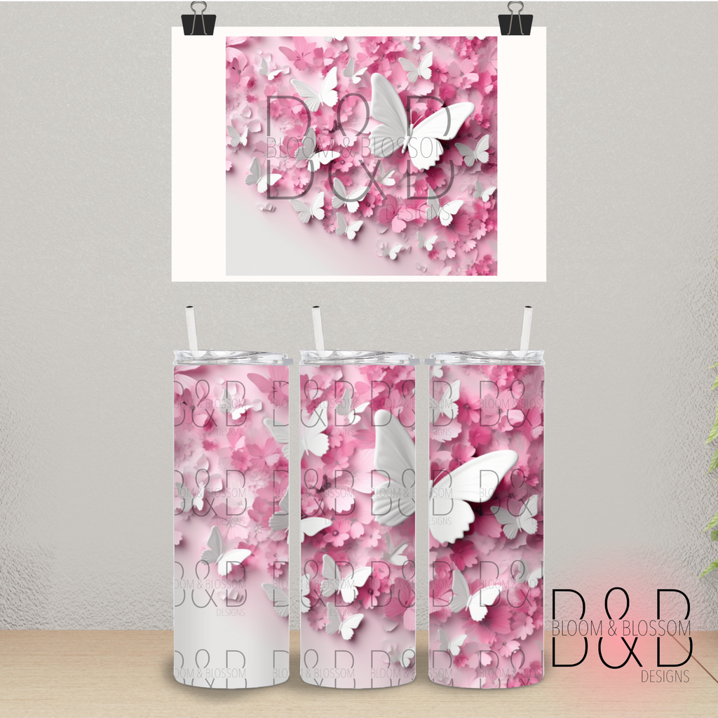 3D Pink White Butterflies 20oz 25oz Full Wrap Sublimation Print