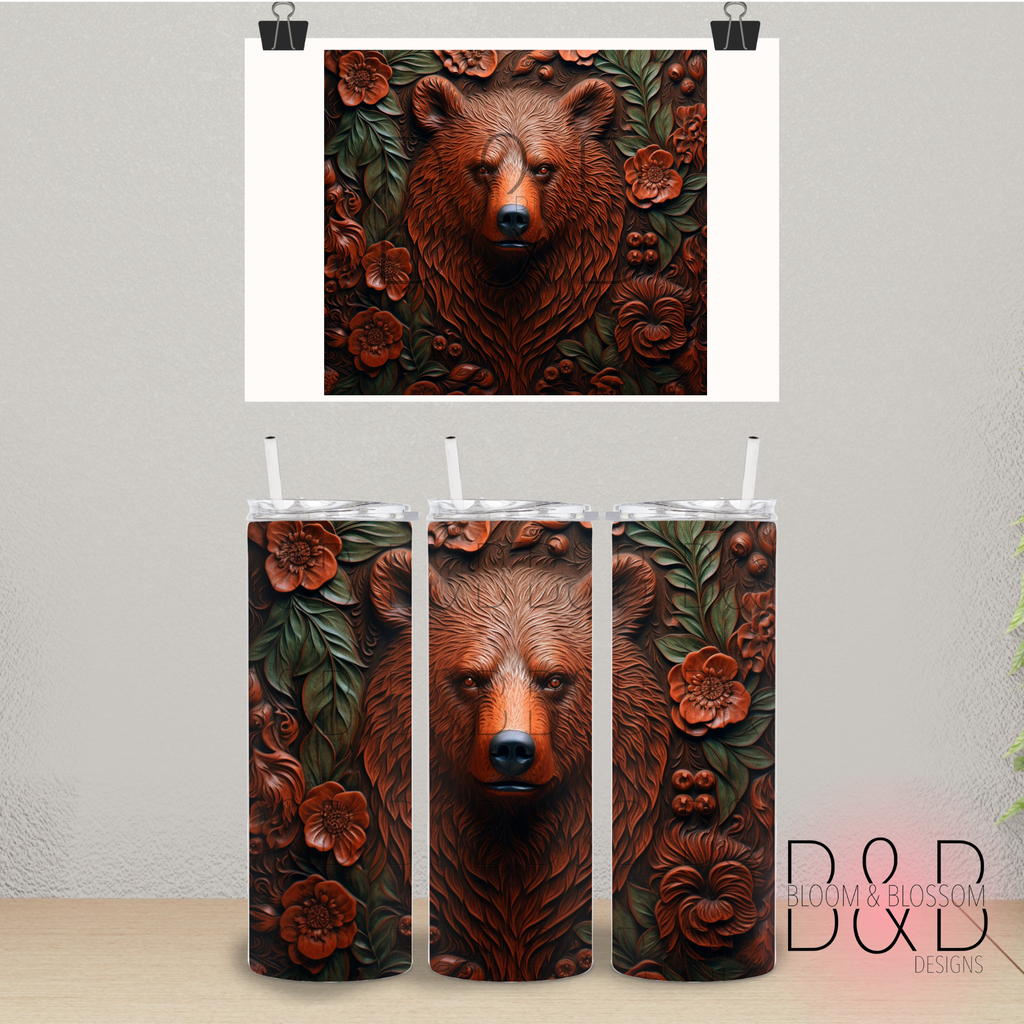 3D Carved Wooden Floral Greenery Bear 20oz 25oz Full Wrap Sublimation Print