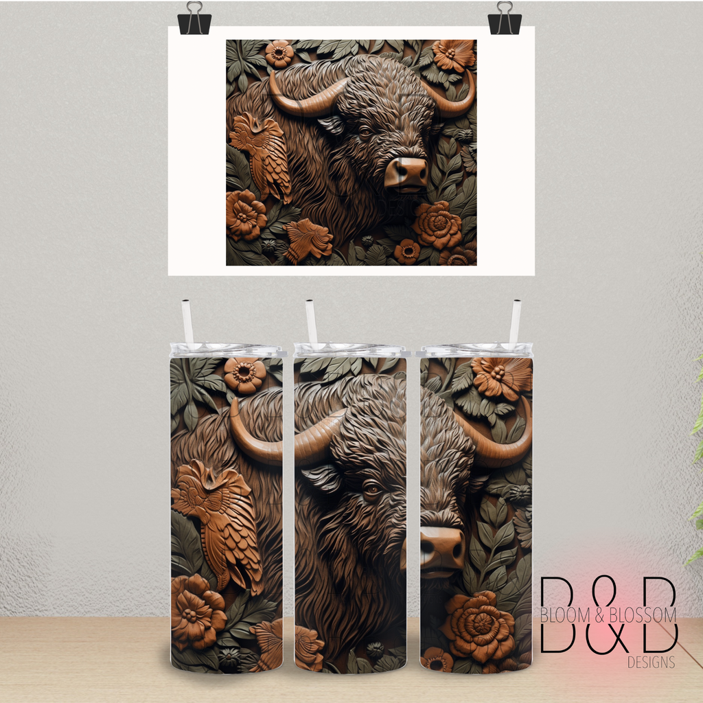 3D Carved Wooden Greenery Bison 20oz 25oz Full Wrap Sublimation Print