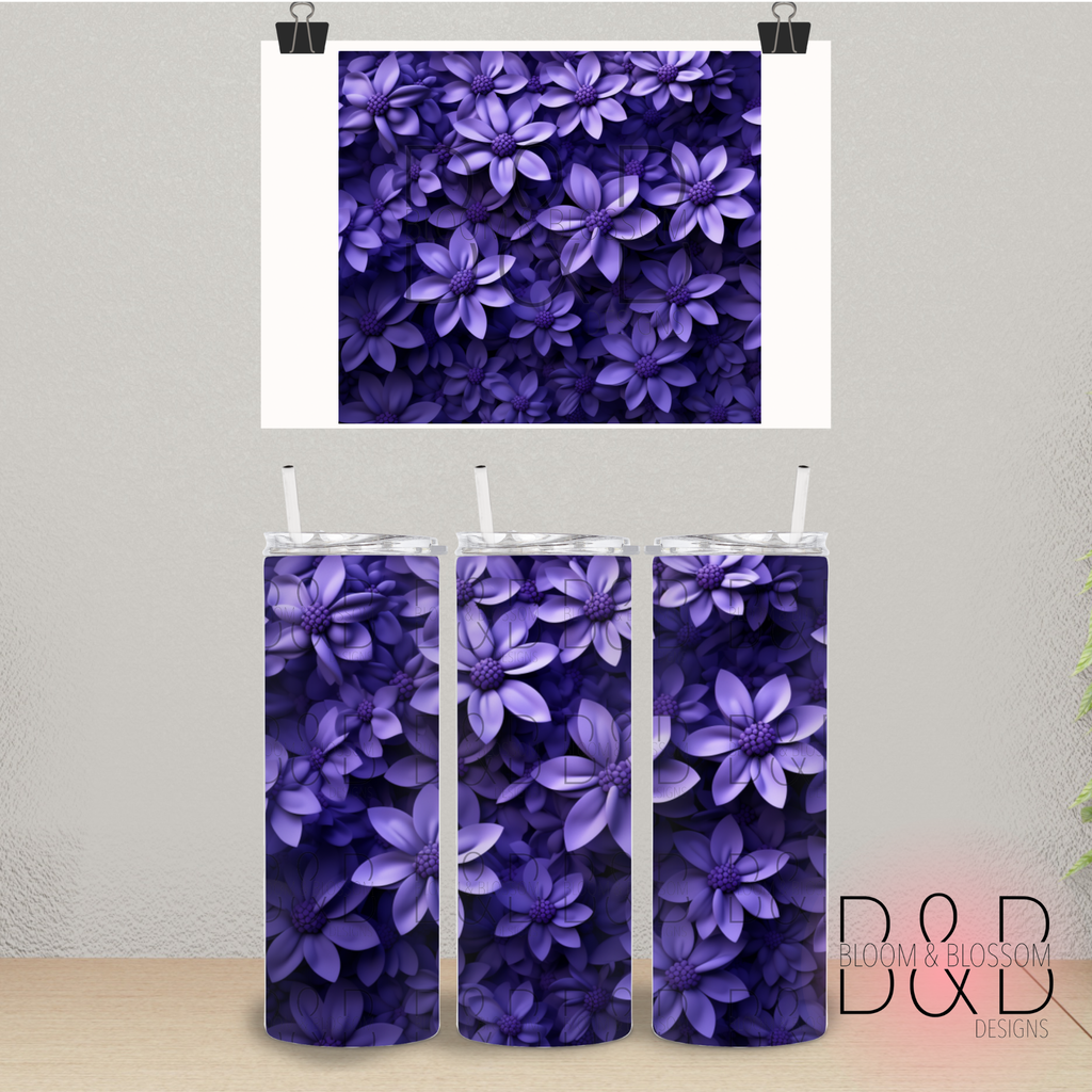 3D Deep Purple Flowers 20oz 25oz Full Wrap Sublimation Print