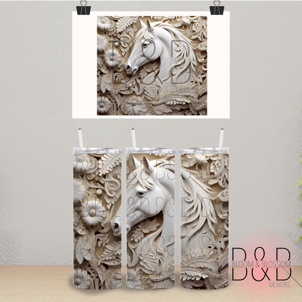 3D Cream Carved Horse Floral 20oz 25oz Full Wrap Sublimation Print