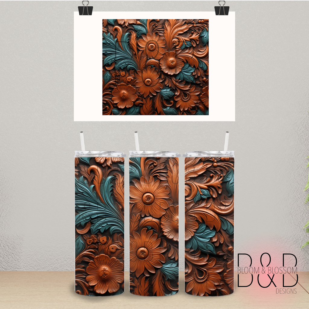 3D Carved Tooled Leather Teal 20oz 25oz Full Wrap Sublimation Print