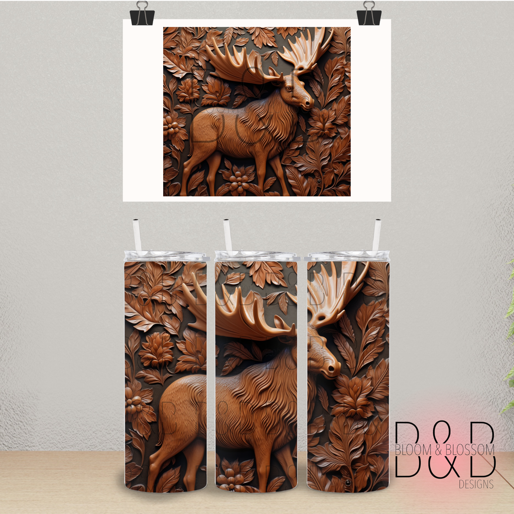 3D Carved Dark Wood Moose 20oz 25oz Full Wrap Sublimation Print