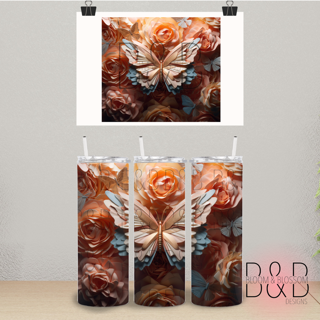 3D Gold Tone Butterfly Florals 20oz 25oz Full Wrap Sublimation Print