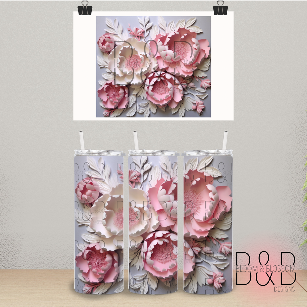 3D Pink White Paper Peonies 20oz 25oz Full Wrap Sublimation Print