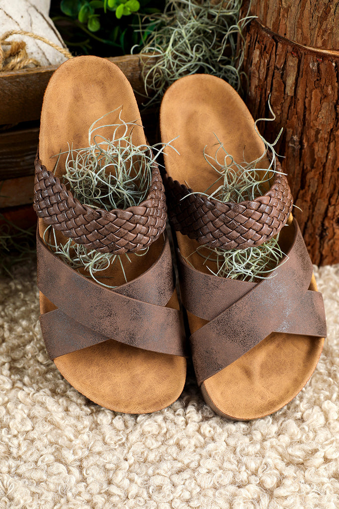 Brown Braided Criss Cross Platform Slippers