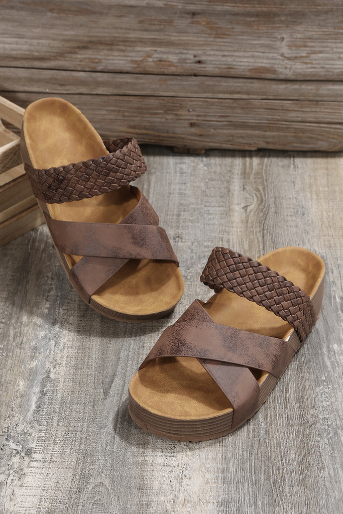 Brown Braided Criss Cross Platform Slippers