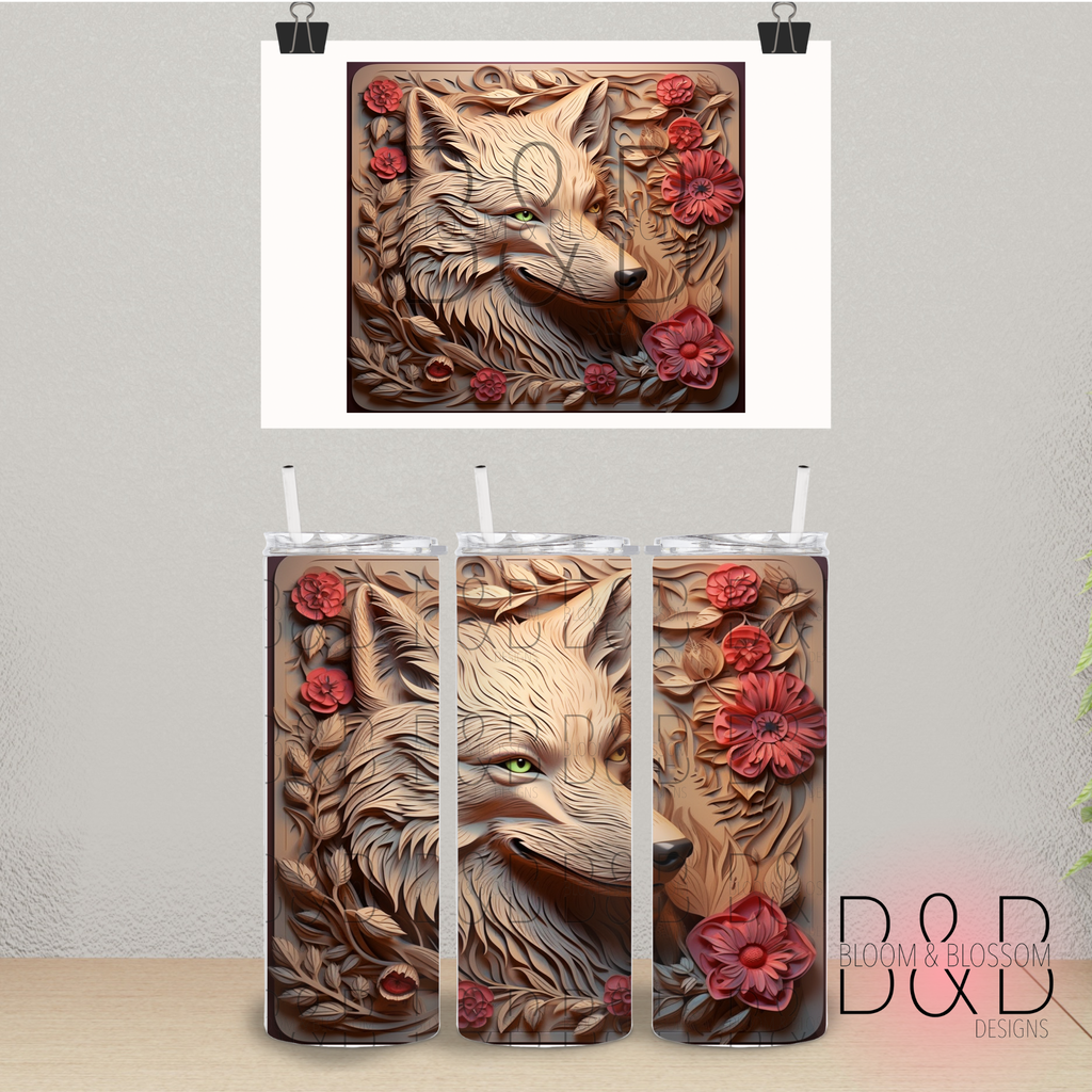 3D Carved Wood Wolf 20oz 25oz Full Wrap Sublimation Print