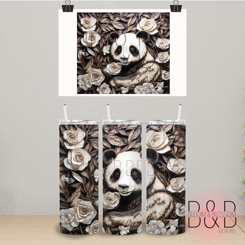 3D Carved Wood Floral Panda 20oz 25oz Full Wrap Sublimation Print