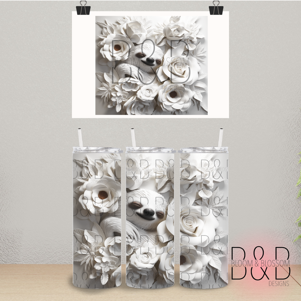 3D Floral Sleeping Sloth 20oz 25oz Full Wrap Sublimation Print