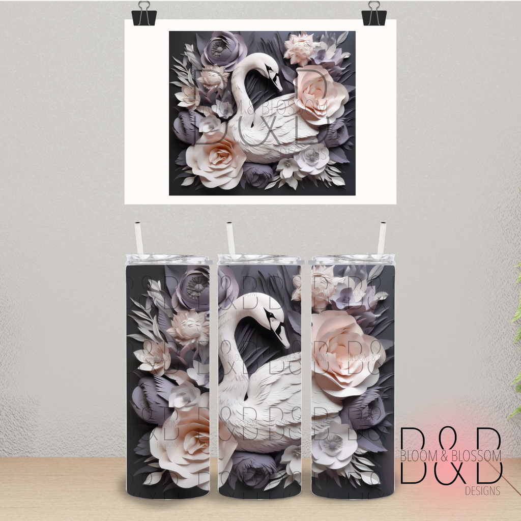3D Floral Swan 20oz 25oz Full Wrap Sublimation Print