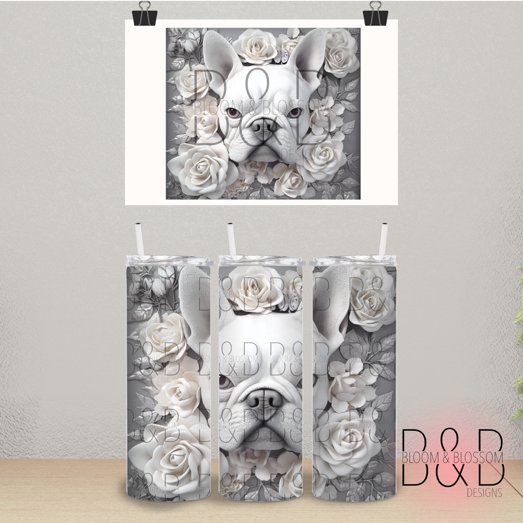 3D Floral French Bulldog 20oz 25oz Full Wrap Sublimation Print
