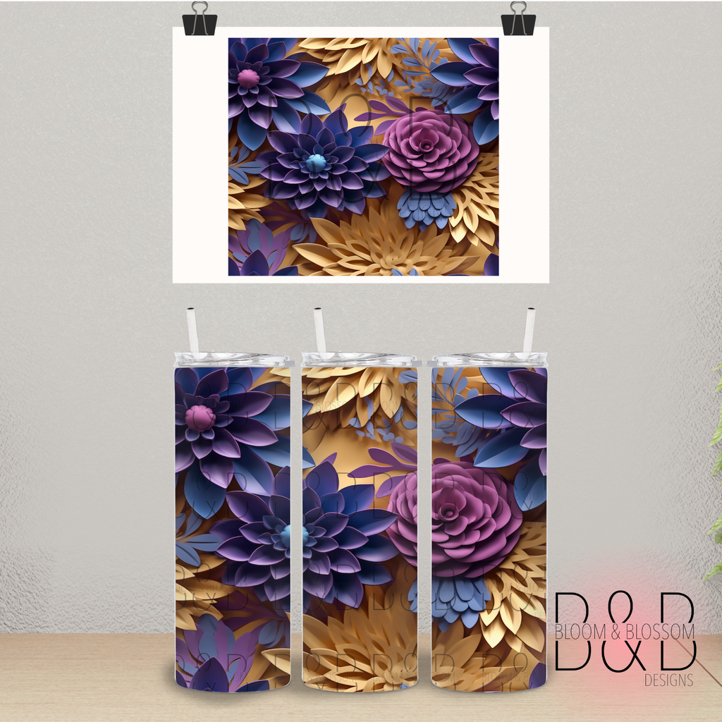 3D Purple Gold Floral 20oz 25oz Full Wrap Sublimation Print