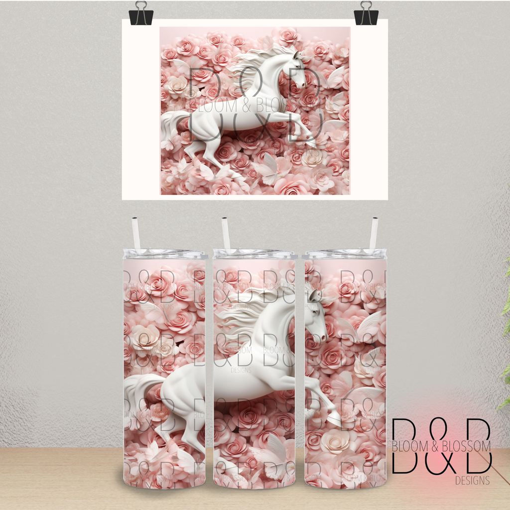 3D Pink Floral Horse 20oz 25oz Full Wrap Sublimation Print