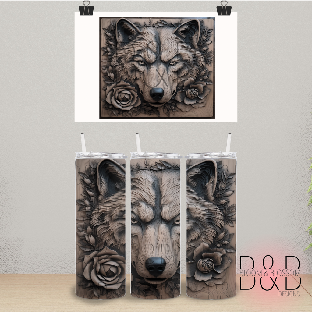 3D Carved Floral Wolf 20oz 25oz Full Wrap Sublimation Print