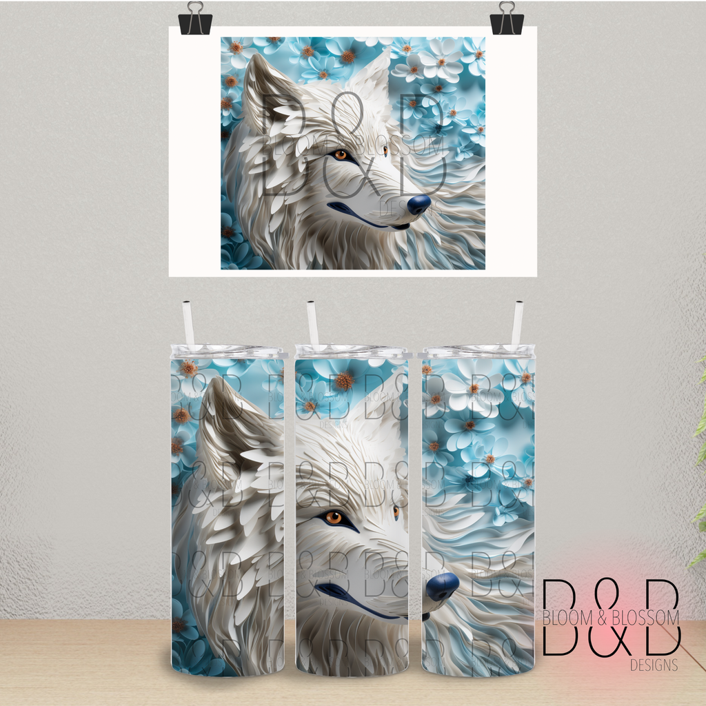 3D Blue Floral Wolf 20oz 25oz Full Wrap Sublimation Print