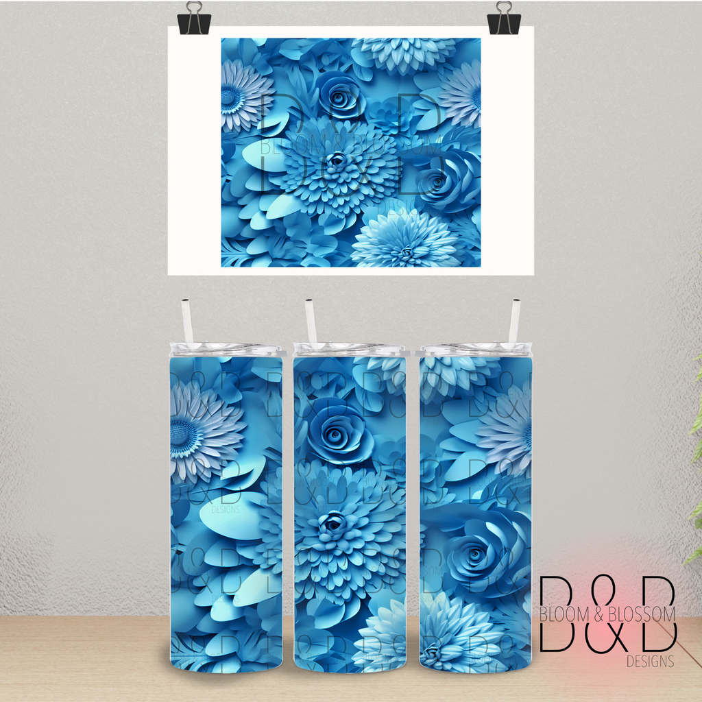 3D Blue Paper Flowers 20oz 25oz Full Wrap Sublimation Print