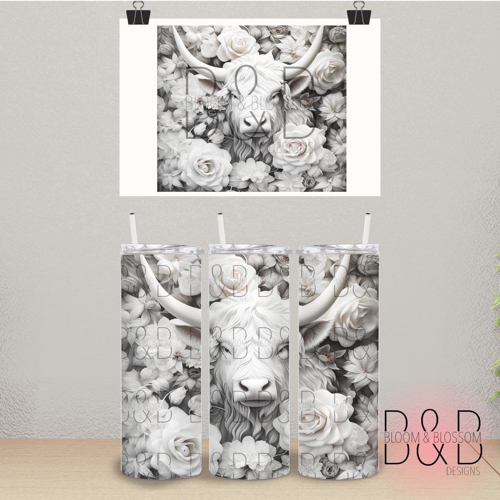 3D Floral Highland Cow 20oz 25oz Full Wrap Sublimation Print