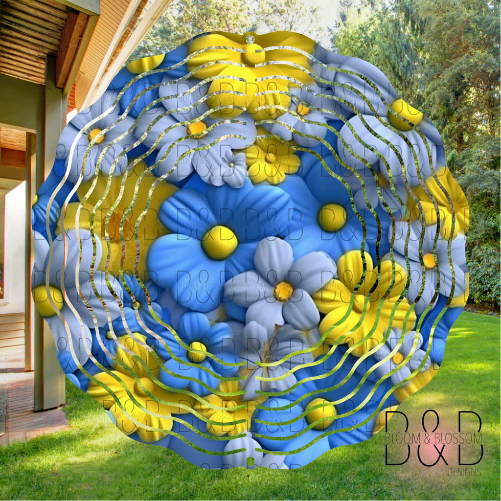 3D Blue Yellow Daisies Wind Spinner Sublimation Print