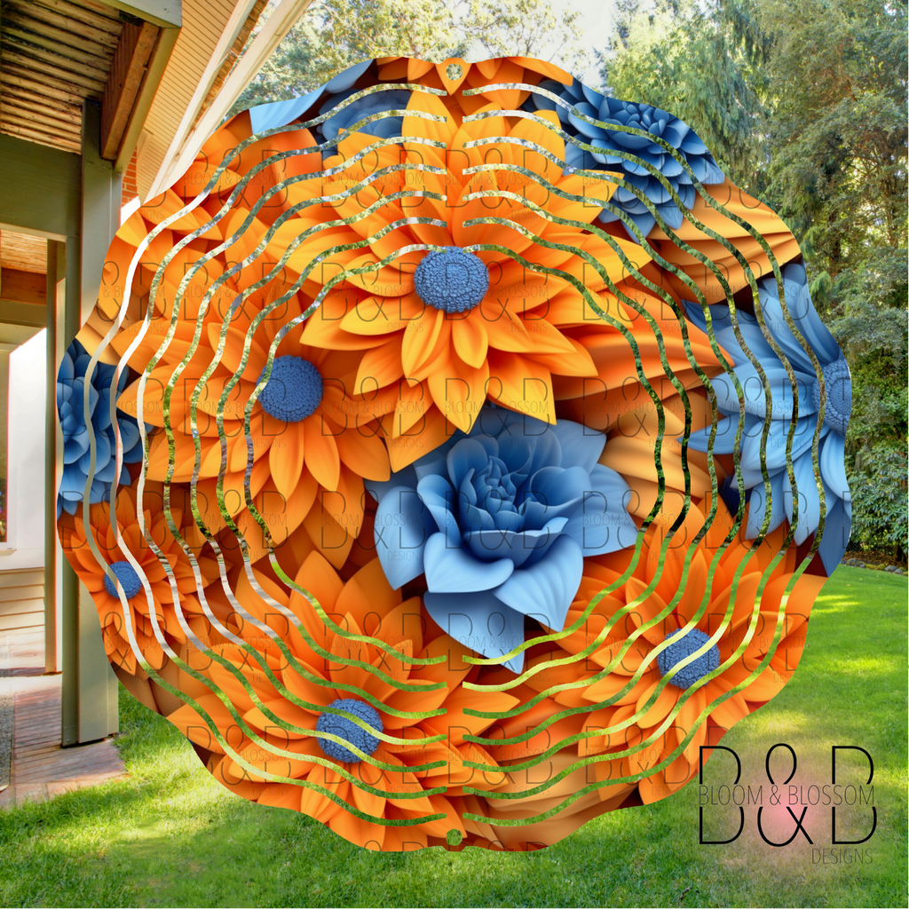 3D Blue Orange Bold Floral Wind Spinner Sublimation Print