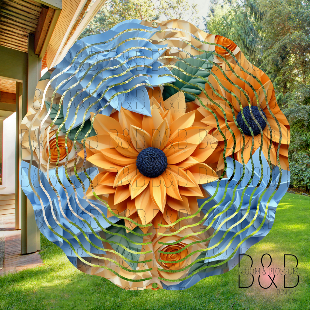 3D Blue Orange Floral Arrangement Wind Spinner Sublimation Print