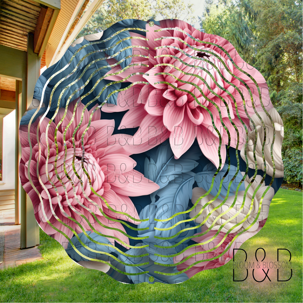 3D Netural Blue Pink Florals Wind Spinner Sublimation Print