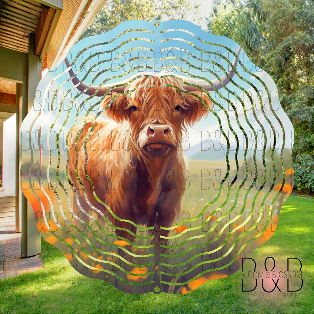 Painted Highland Cow Wind Spinner Sublimation Print