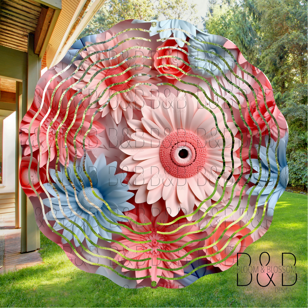 3D Pink Blue Florals Wind Spinner Sublimation Print