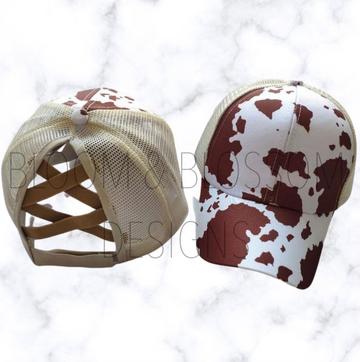 Brown Cow Print Criss Cross Ponytail Adult Hat